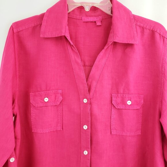 Fresh Produce Button-Front Linen Shirt MEDIUM Pink Roll-Tab Sleeve Chest Pockets - Picture 2 of 7